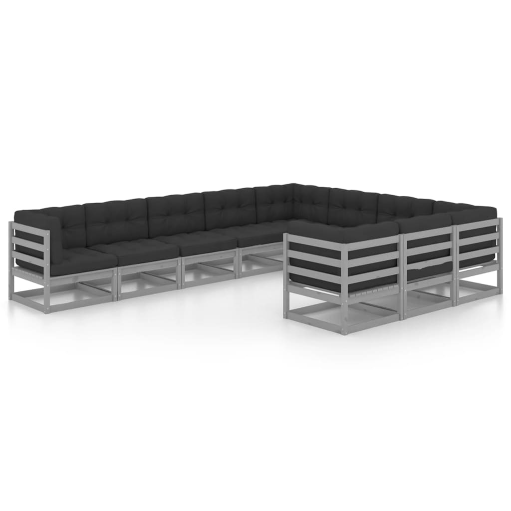 10 Piece Garden Lounge Set with Cushions Grey Solid Pinewood