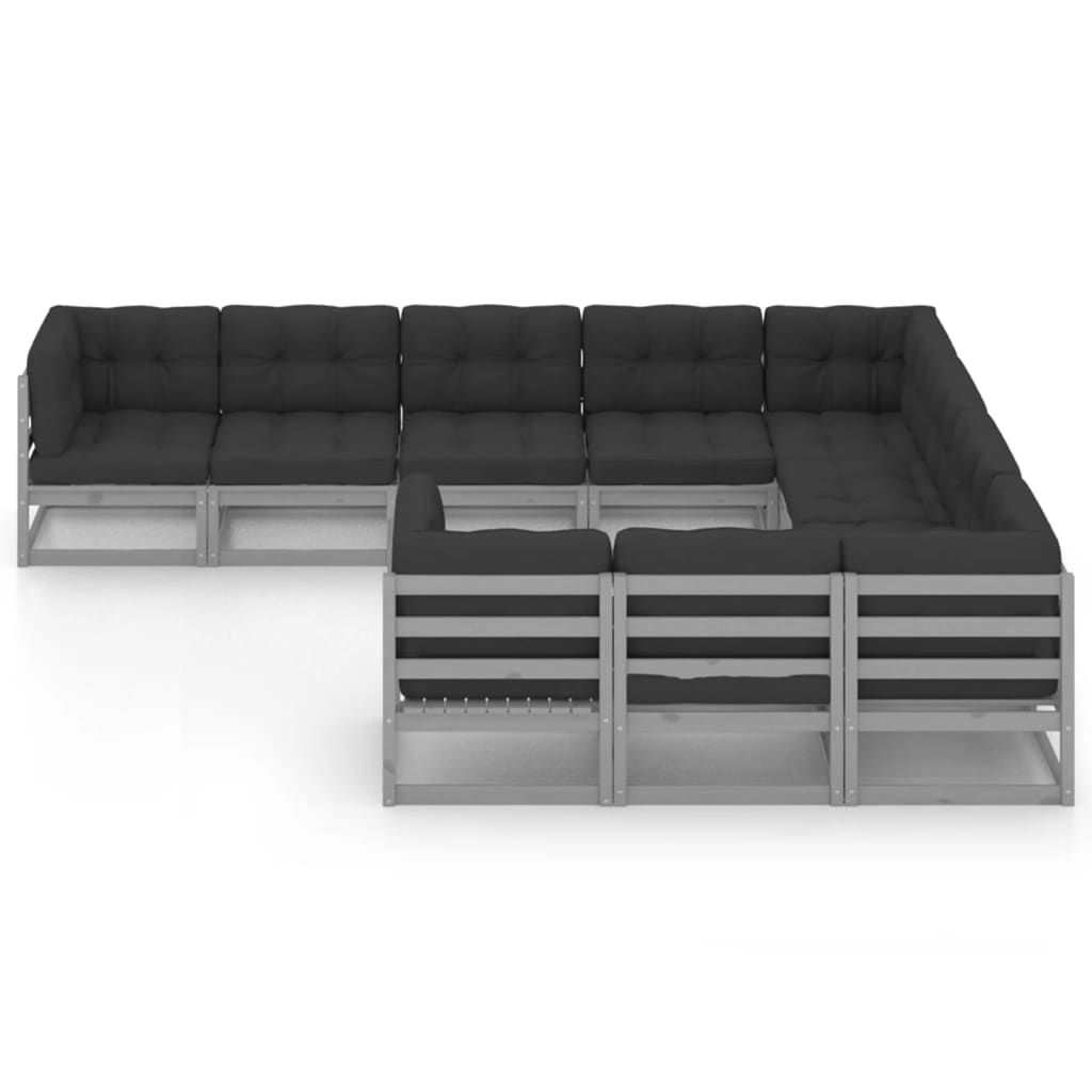 10 Piece Garden Lounge Set with Cushions Grey Solid Pinewood