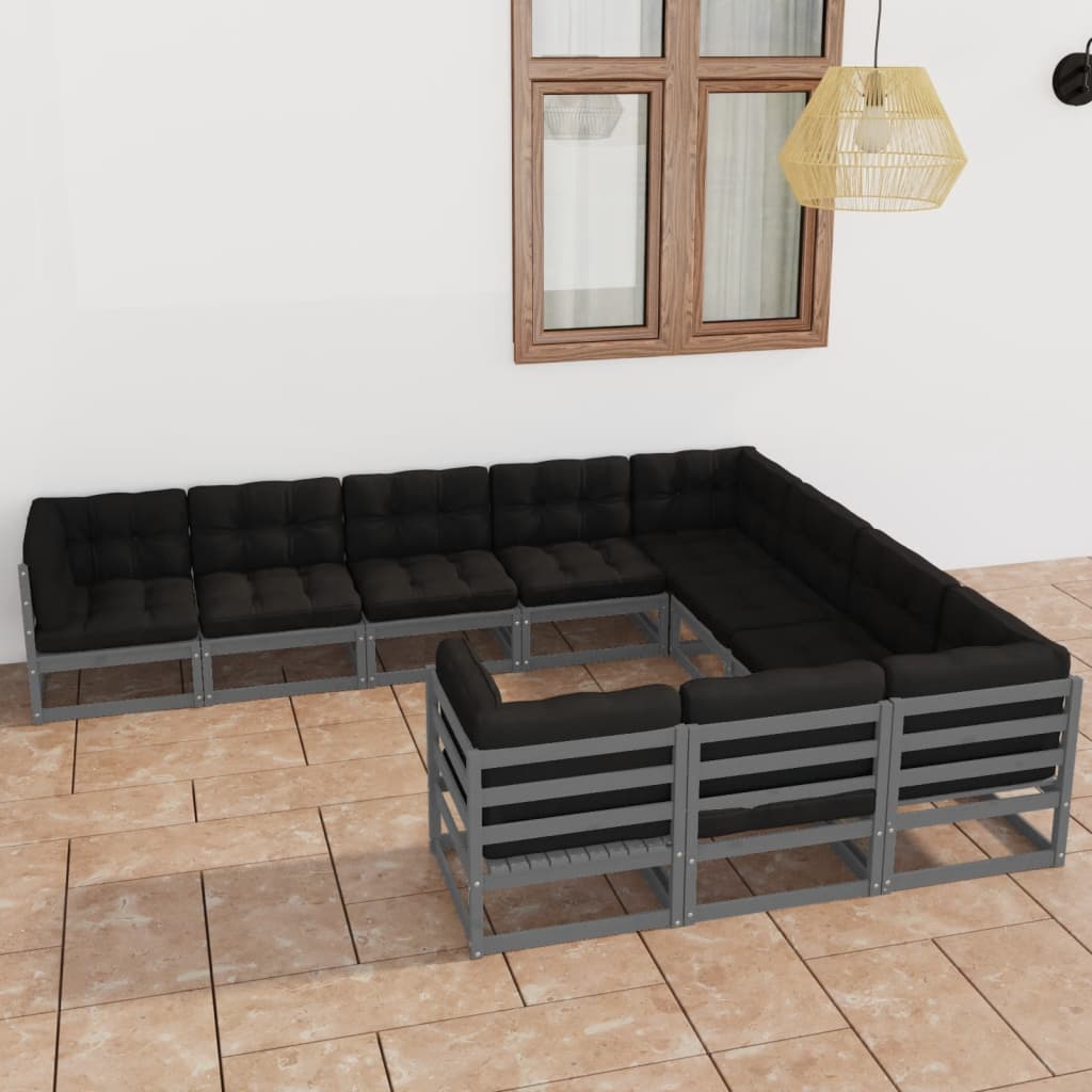 10 Piece Garden Lounge Set with Cushions Grey Solid Pinewood