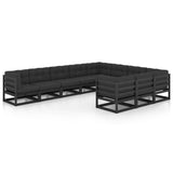 10 Piece Garden Lounge Set with Cushions Black Solid Pinewood - Front View