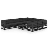 11 Piece Garden Lounge Set with Cushions Black Solid Pinewood - Front View