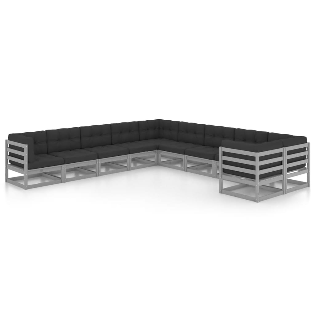 10 Piece Garden Lounge Set with Cushions Grey Solid Pinewood