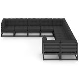 10 Piece Garden Lounge Set with Cushions Black Solid Pinewood - Front View
