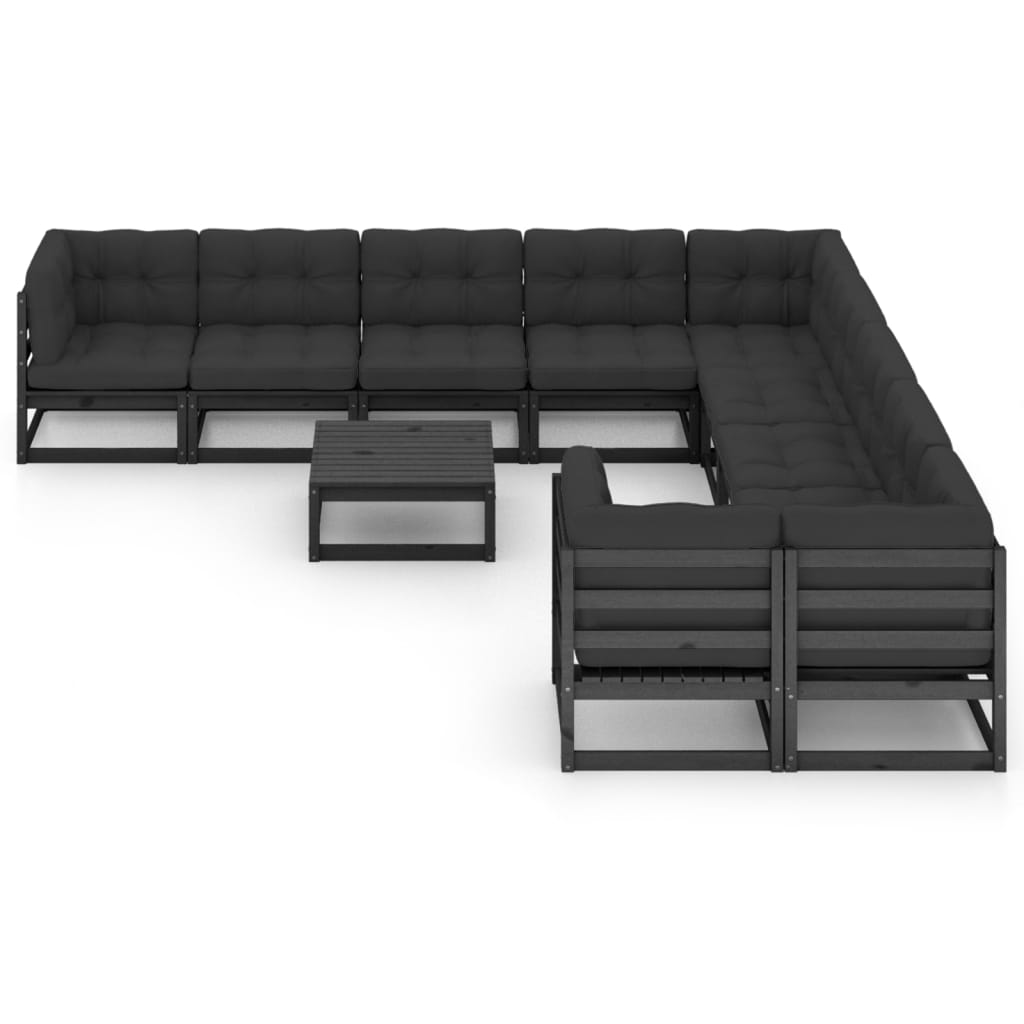 11 Piece Garden Lounge Set with Cushions Black Solid Pinewood