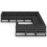 11 Piece Garden Lounge Set with Cushions Black Solid Pinewood