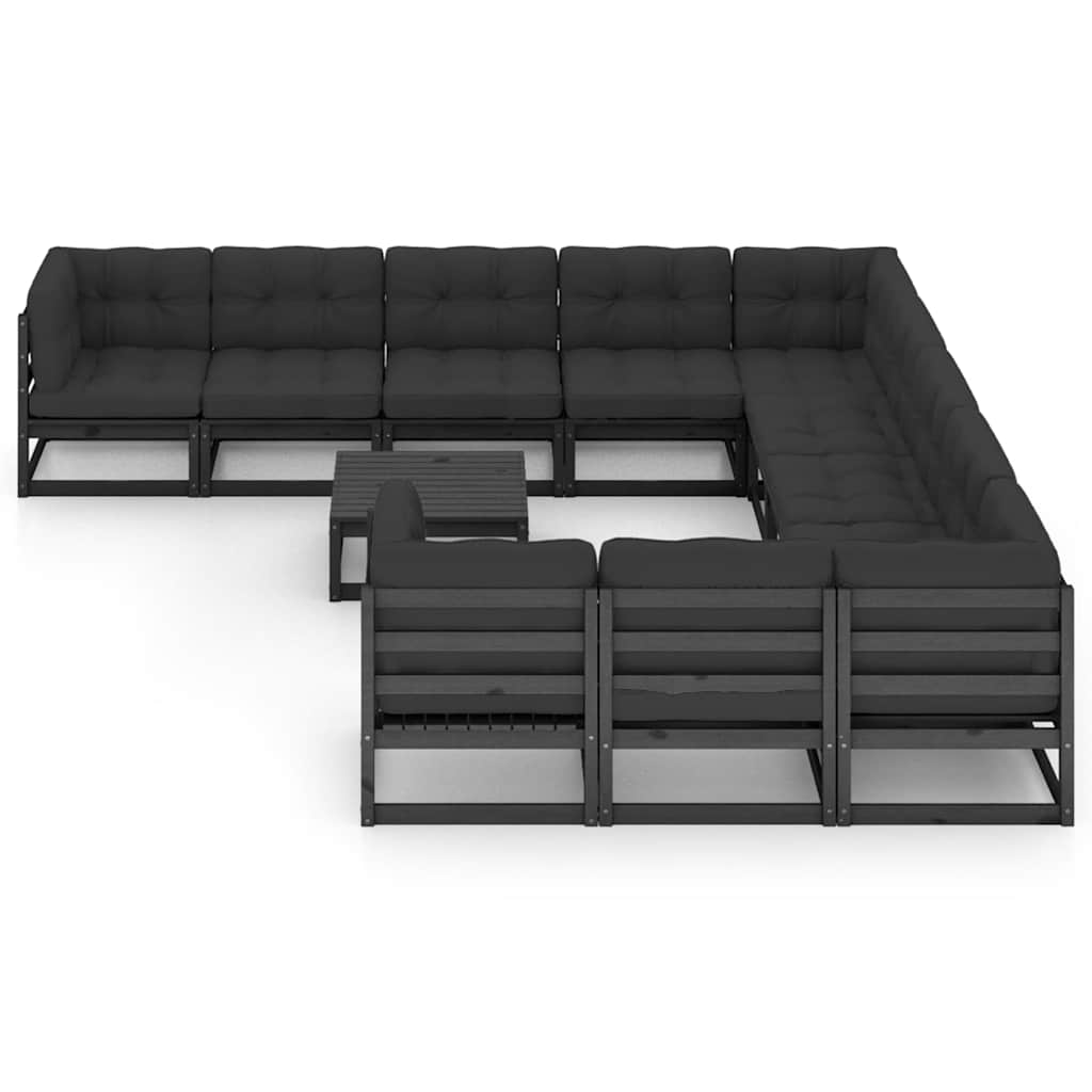 12 Piece Garden Lounge Set with Cushions Black Solid Pinewood