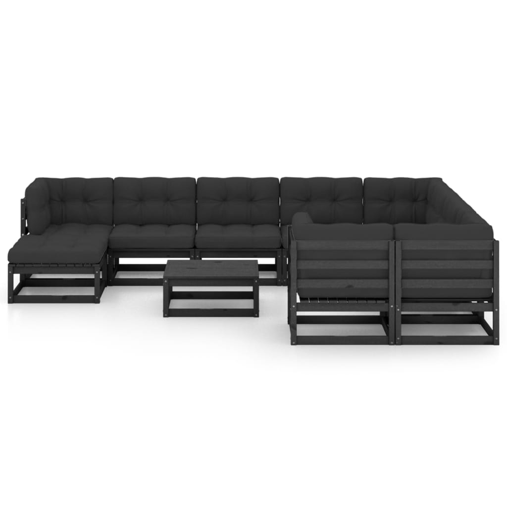 11 Piece Garden Lounge Set with Cushions Black Solid Pinewood