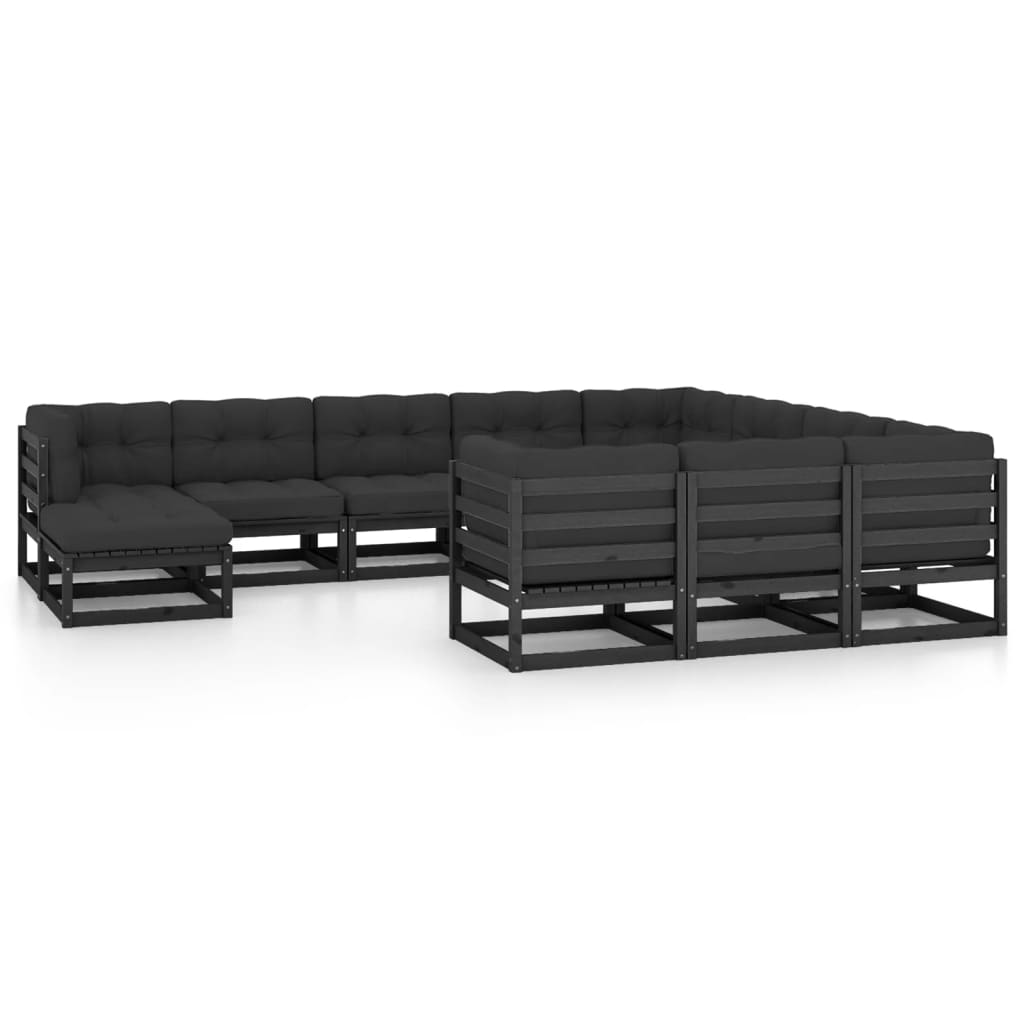 11 Piece Garden Lounge Set with Cushions Black Solid Pinewood