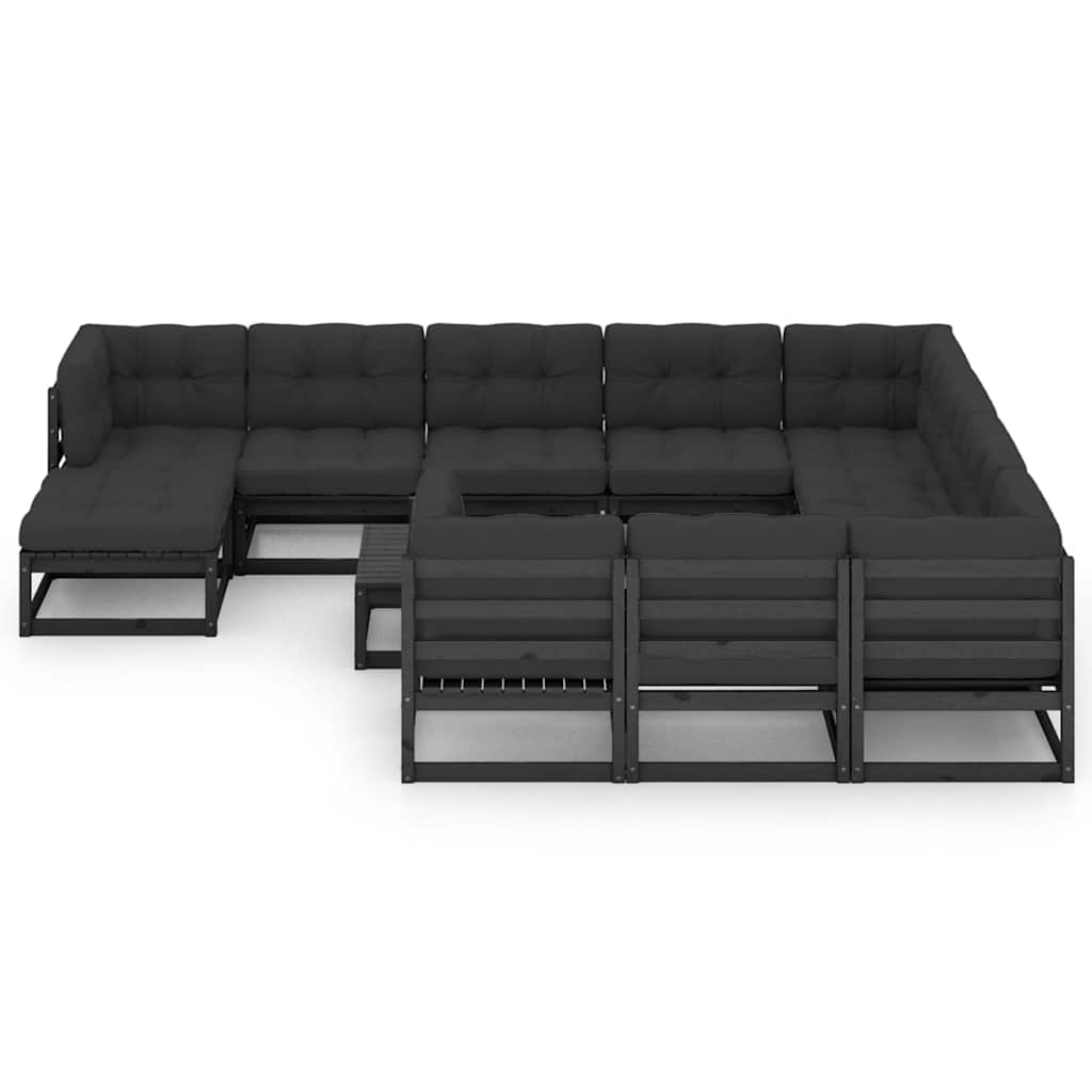 12 Piece Garden Lounge Set with Cushions Black Solid Pinewood