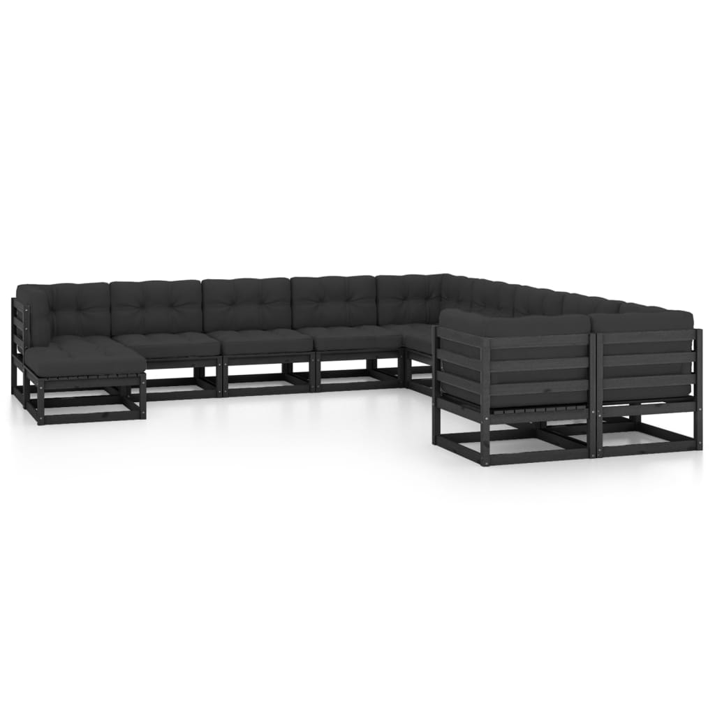 11 Piece Garden Lounge Set with Cushions Black Solid Pinewood