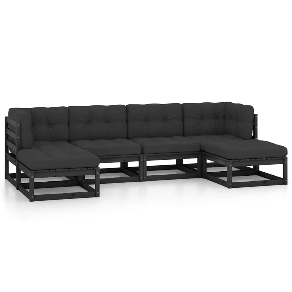 6 Piece Garden Lounge Set with Cushions Black Solid Pinewood
