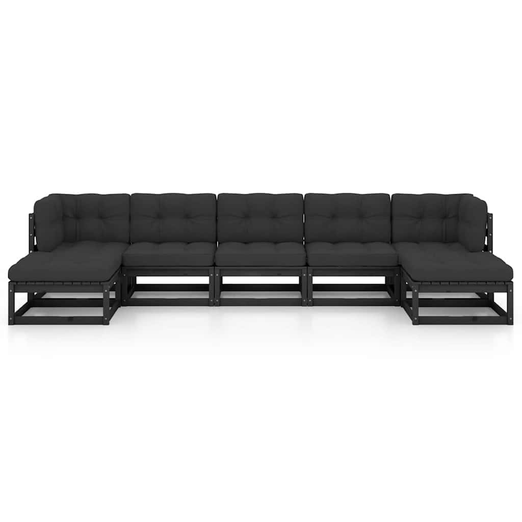 7 Piece Garden Lounge Set with Cushions Black Solid Pinewood