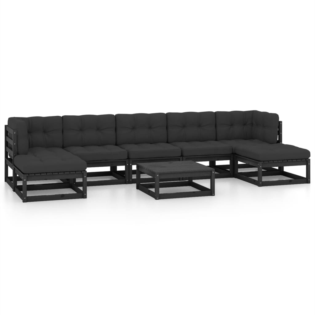8 Piece Garden Lounge Set with Cushions Black Solid Pinewood