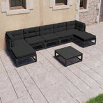 8 Piece Garden Lounge Set with Cushions Black Solid Pinewood