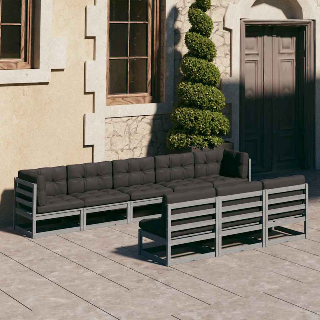 8 Piece Garden Lounge Set with Cushions Grey Solid Pinewood