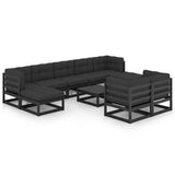 10 Piece Garden Lounge Set with Cushions Black Solid Pinewood
