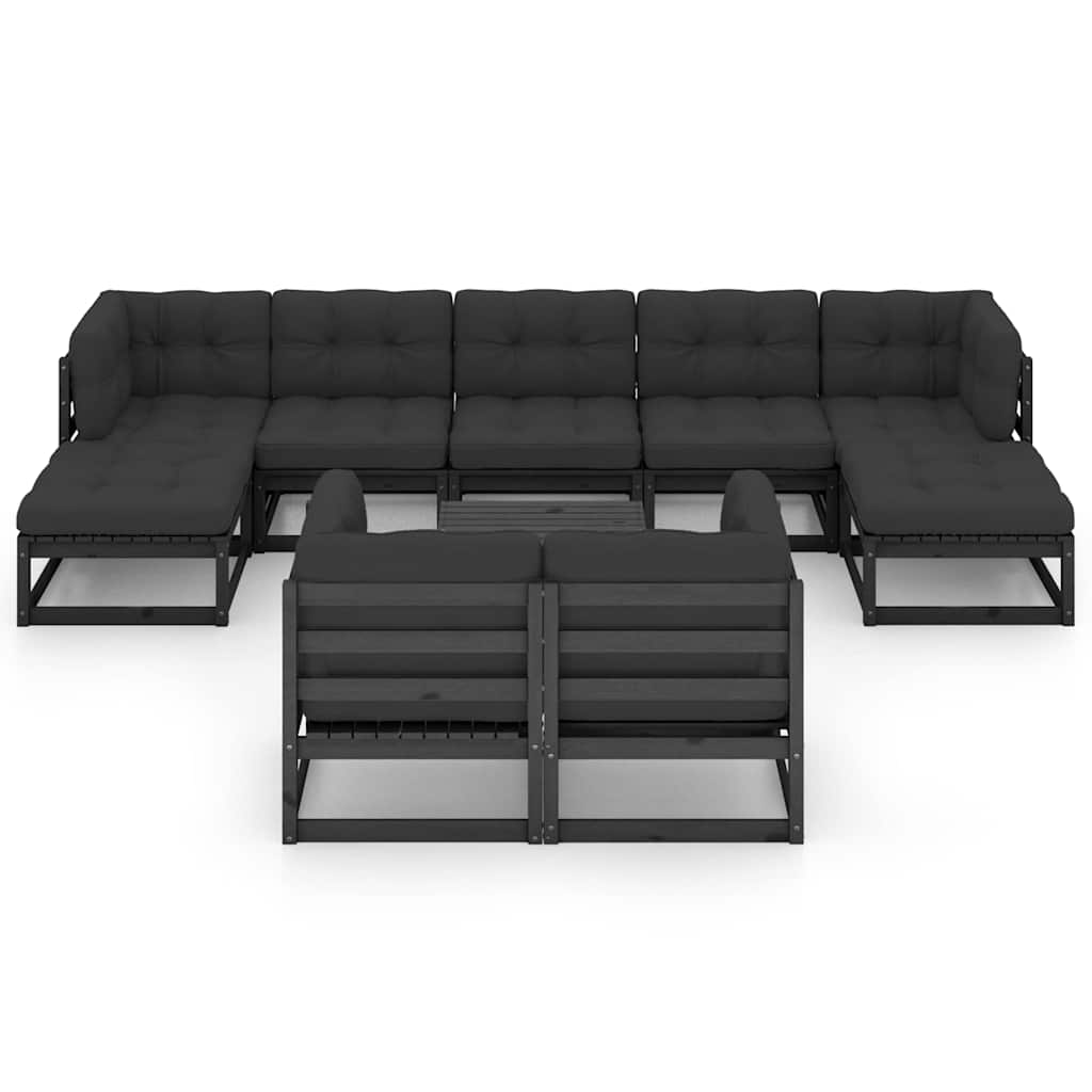 10 Piece Garden Lounge Set with Cushions Black Solid Pinewood