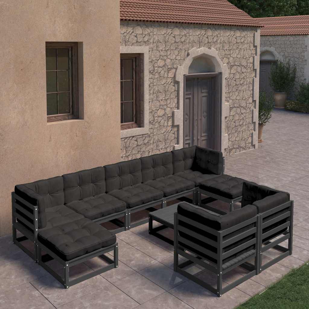 10 Piece Garden Lounge Set with Cushions Black Solid Pinewood
