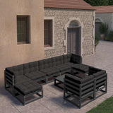 10 Piece Garden Lounge Set with Cushions Black Solid Pinewood