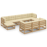 10 Piece Garden Lounge Set&Cushions Honey Brown Solid Pinewood - Front View
