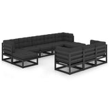 10 Piece Garden Lounge Set with Cushions Black Solid Pinewood