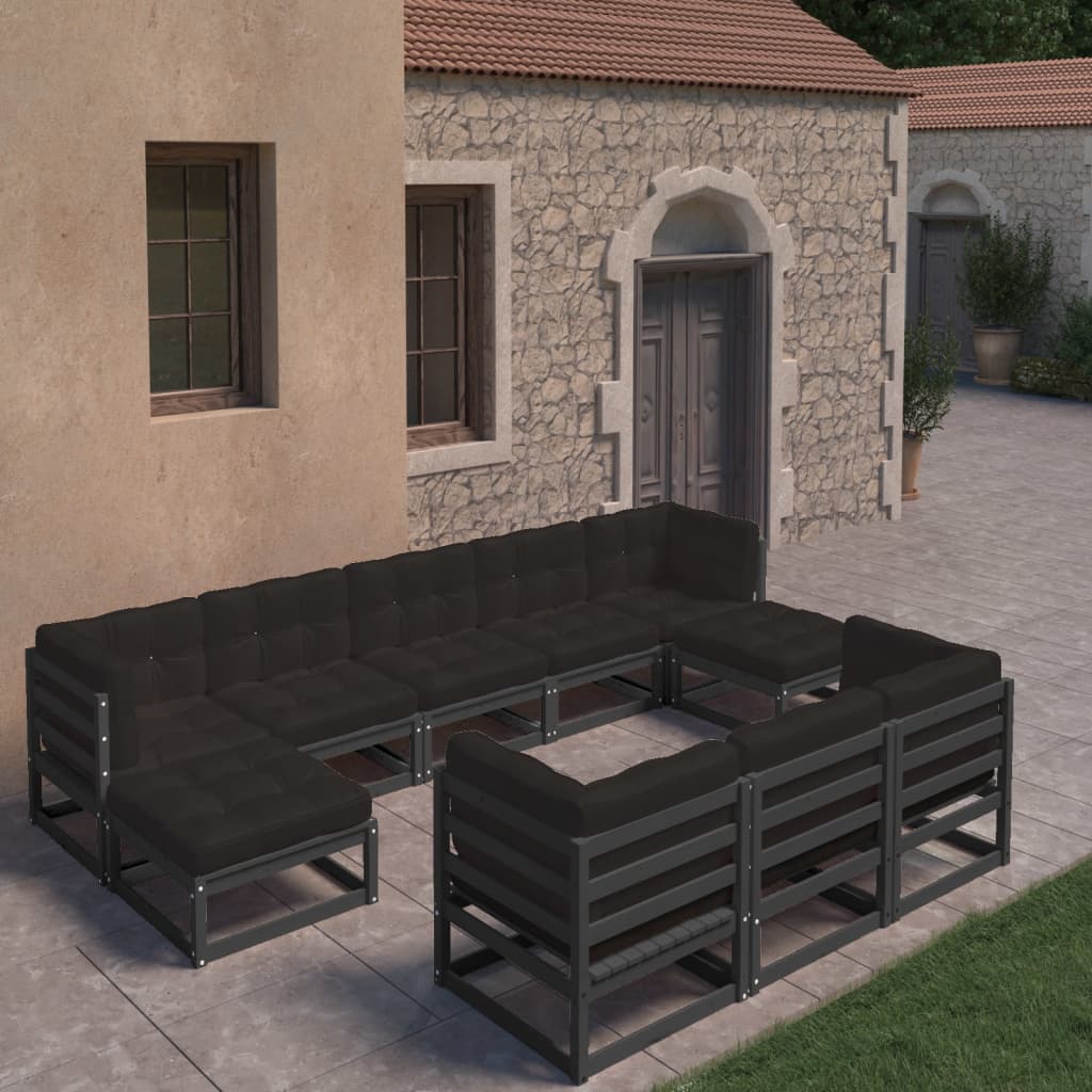 10 Piece Garden Lounge Set with Cushions Black Solid Pinewood