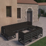 10 Piece Garden Lounge Set with Cushions Black Solid Pinewood
