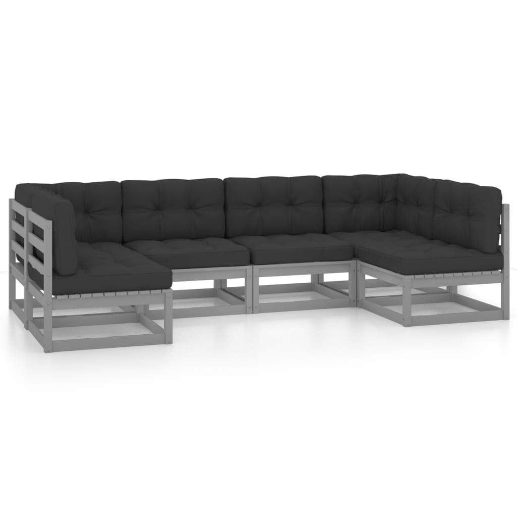 6 Piece Garden Lounge Set with Cushions Grey Solid Pinewood