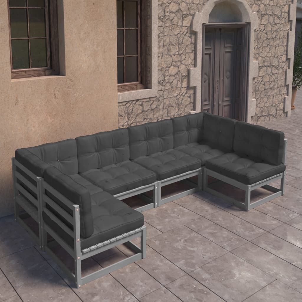 6 Piece Garden Lounge Set with Cushions Grey Solid Pinewood