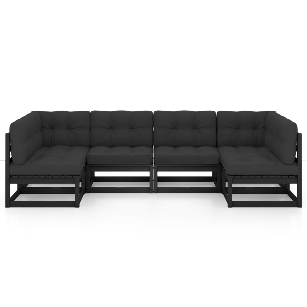 6 Piece Garden Lounge Set with Cushions Black Solid Pinewood