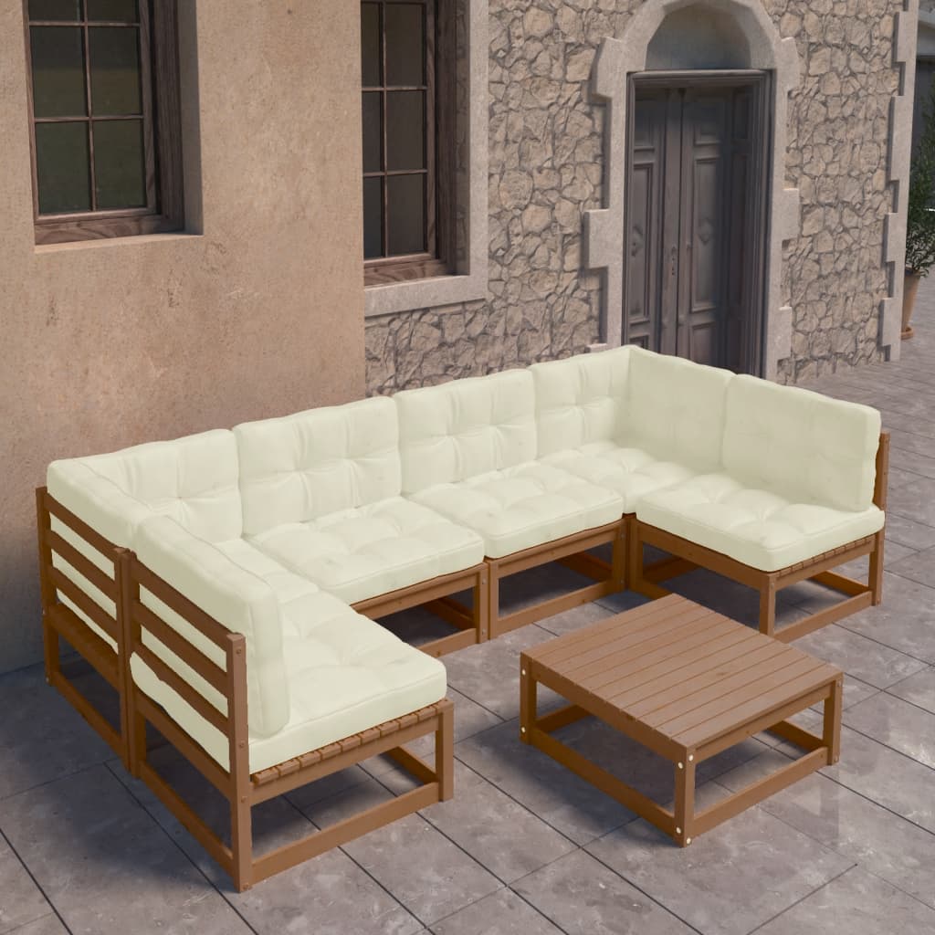 7 Piece Garden Lounge Set&Cushions Honey Brown Solid Pinewood