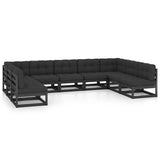 9 Piece Garden Lounge Set with Cushions Black Solid Pinewood - Front View