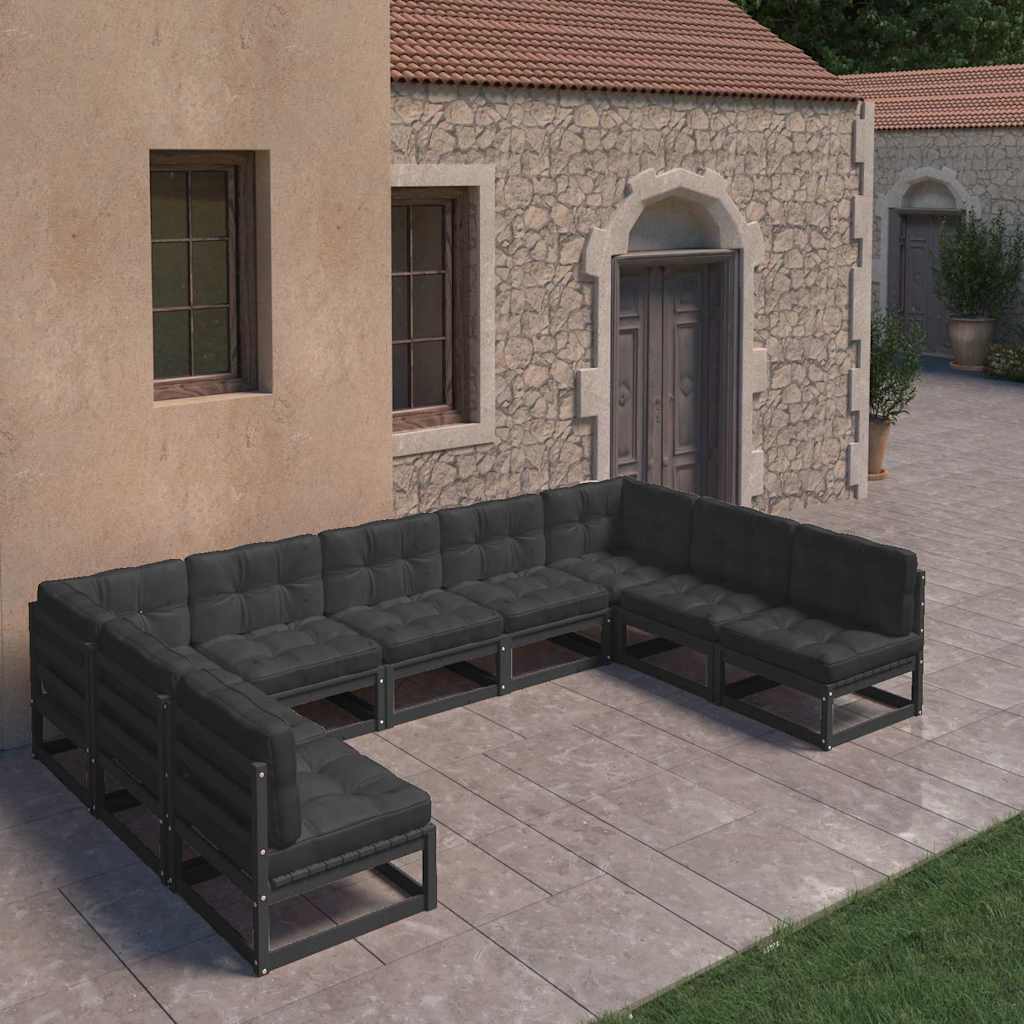 9 Piece Garden Lounge Set with Cushions Black Solid Pinewood