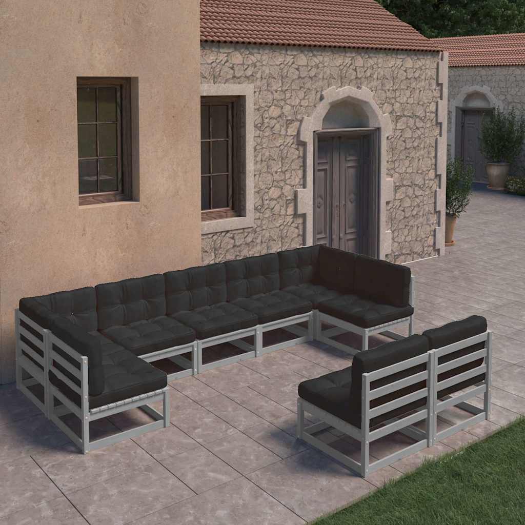 9 Piece Garden Lounge Set with Cushions Grey Solid Pinewood