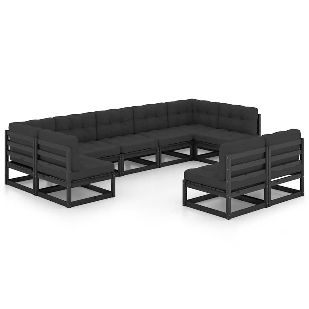 9 Piece Garden Lounge Set with Cushions Black Solid Pinewood