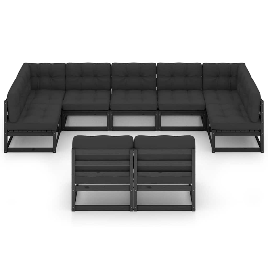 9 Piece Garden Lounge Set with Cushions Black Solid Pinewood
