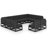 11 Piece Garden Lounge Set with Cushions Black Solid Pinewood - Front View