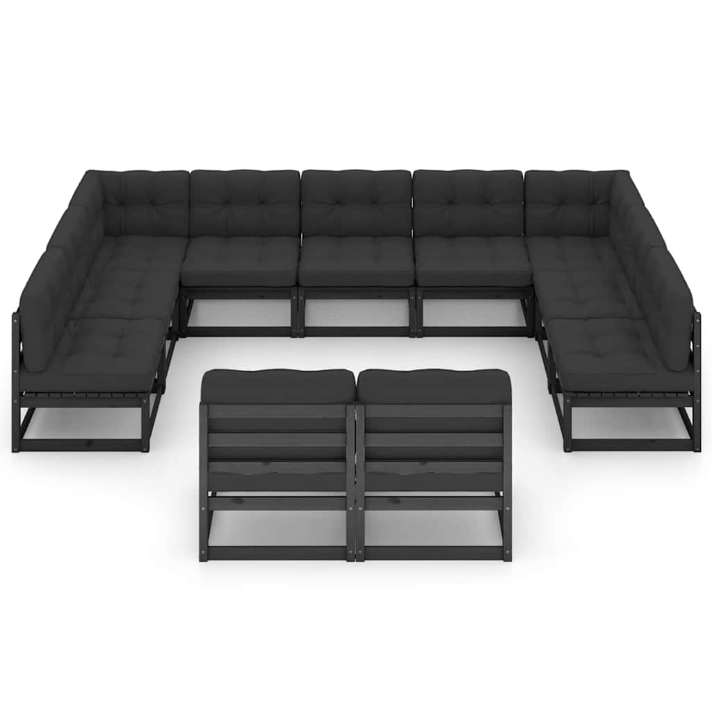 11 Piece Garden Lounge Set with Cushions Black Solid Pinewood