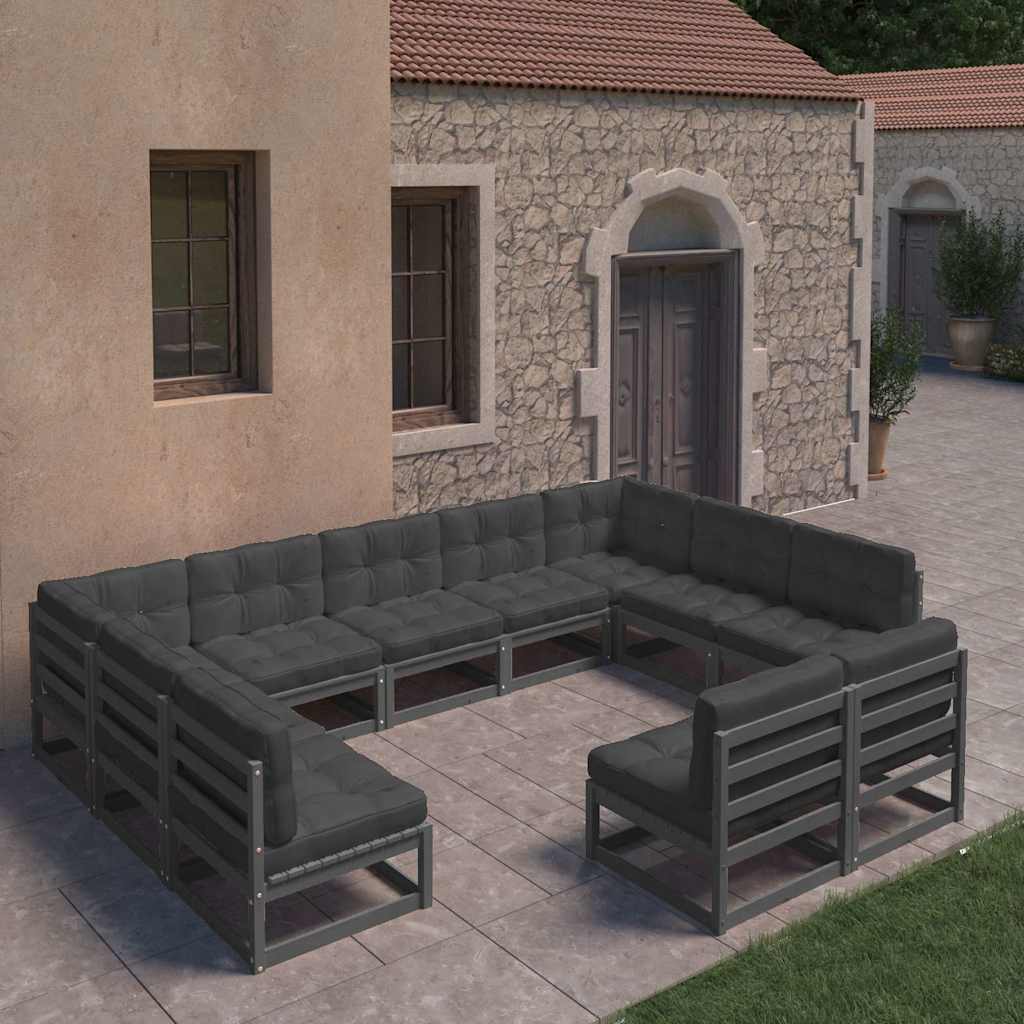 11 Piece Garden Lounge Set with Cushions Black Solid Pinewood