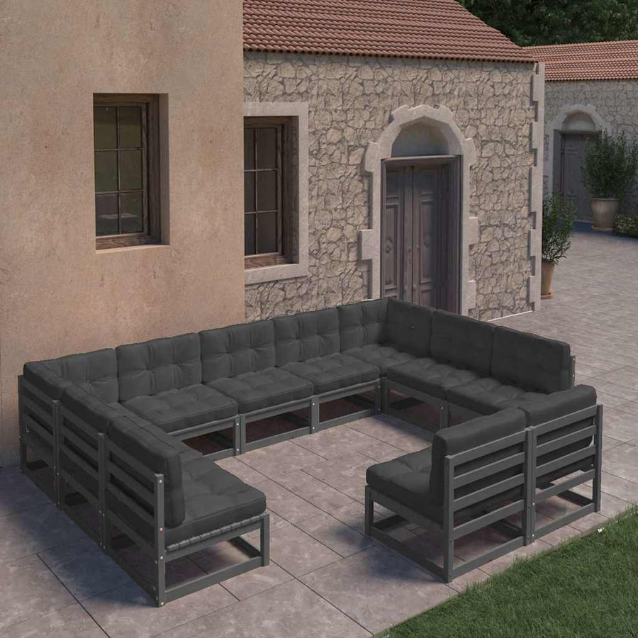 11 Piece Garden Lounge Set with Cushions Black Solid Pinewood