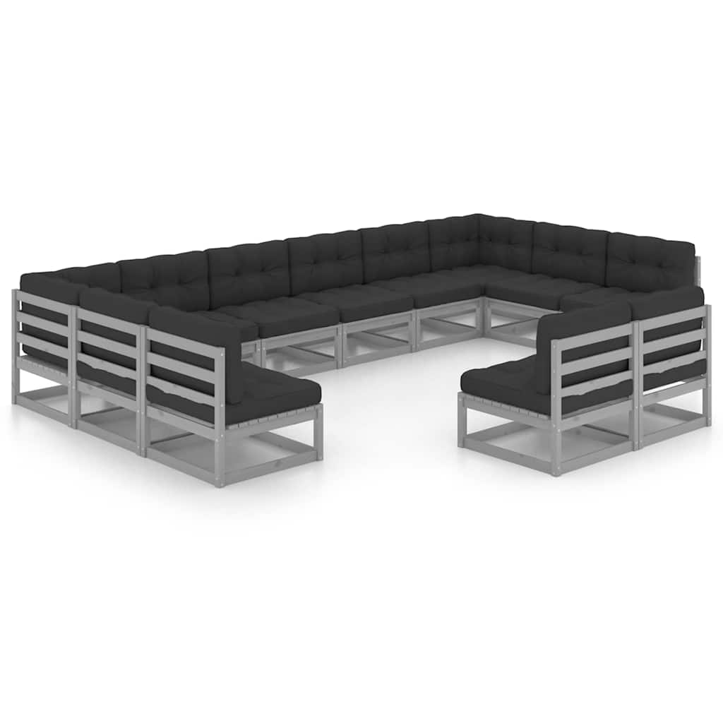 12 Piece Garden Lounge Set with Cushions Grey Solid Pinewood