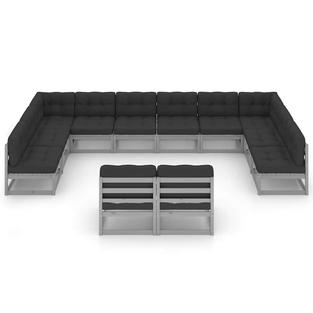 12 Piece Garden Lounge Set with Cushions Grey Solid Pinewood