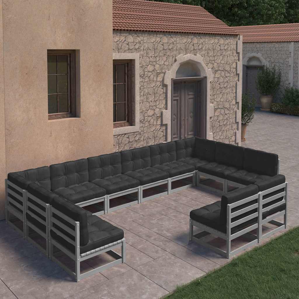 12 Piece Garden Lounge Set with Cushions Grey Solid Pinewood