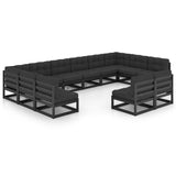 12 Piece Garden Lounge Set with Cushions Black Solid Pinewood - Front View
