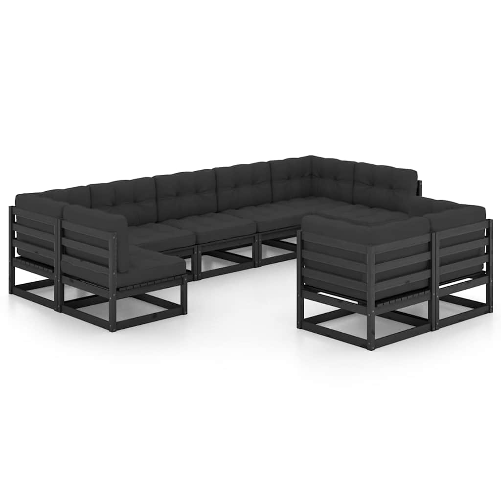 9 Piece Garden Lounge Set with Cushions Black Solid Pinewood