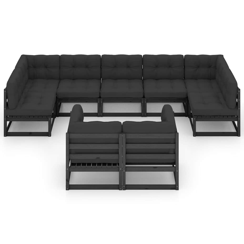 9 Piece Garden Lounge Set with Cushions Black Solid Pinewood