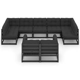 9 Piece Garden Lounge Set with Cushions Black Solid Pinewood - Side View