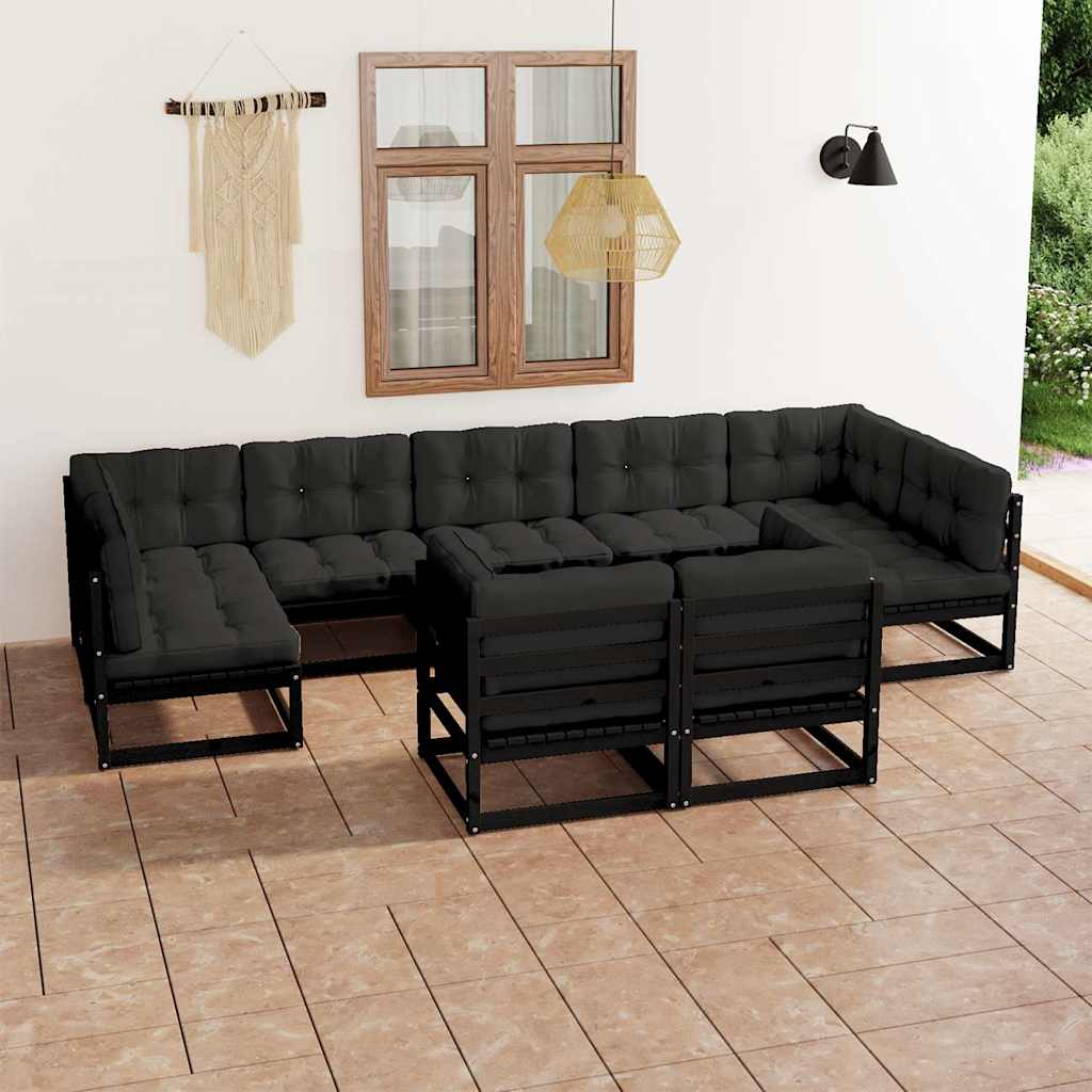 9 Piece Garden Lounge Set with Cushions Black Solid Pinewood