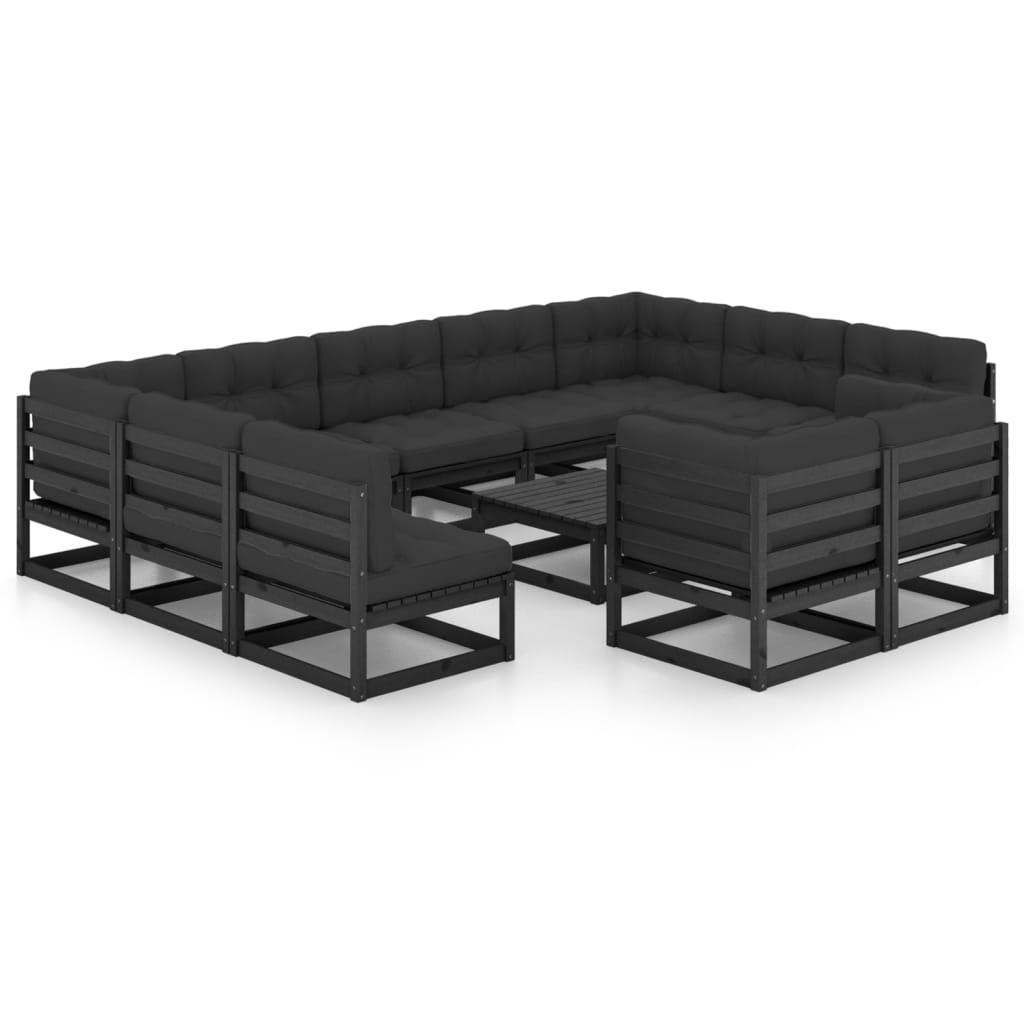 12 Piece Garden Lounge Set with Cushions Black Solid Pinewood