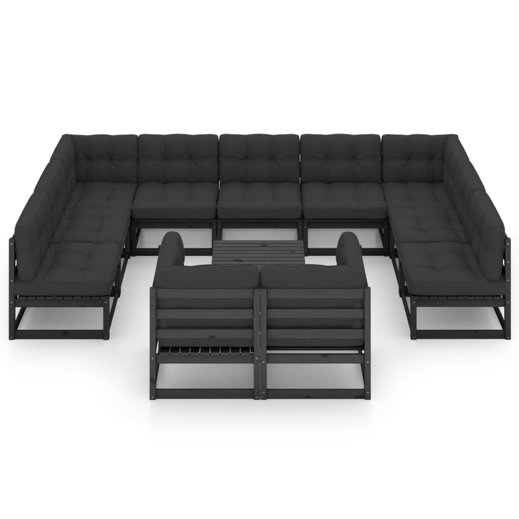 12 Piece Garden Lounge Set with Cushions Black Solid Pinewood